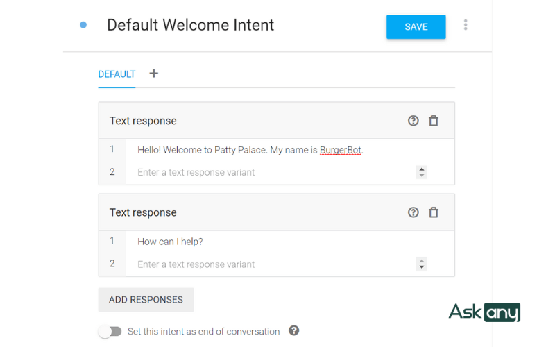 thêm kịch bản phản hồi cho chatbot dialogflow