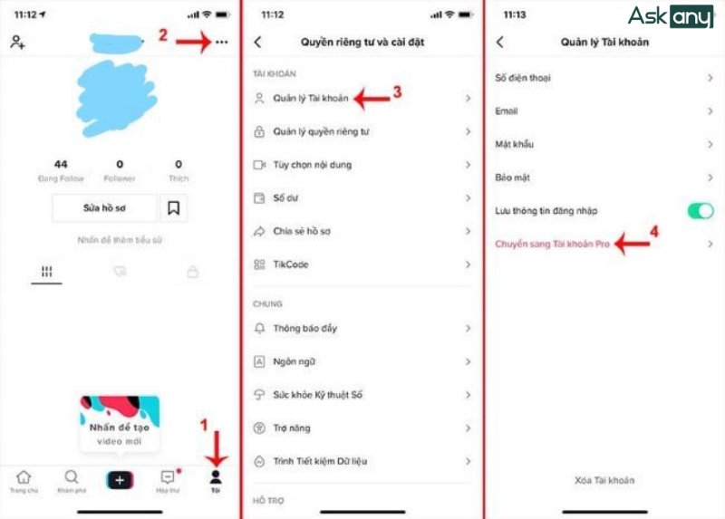 Chuyển tài khoản TikTok sang Pro