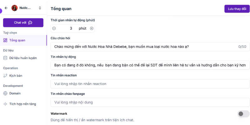 thiết lập thời gian và câu trả lời mặc định cho chatbot